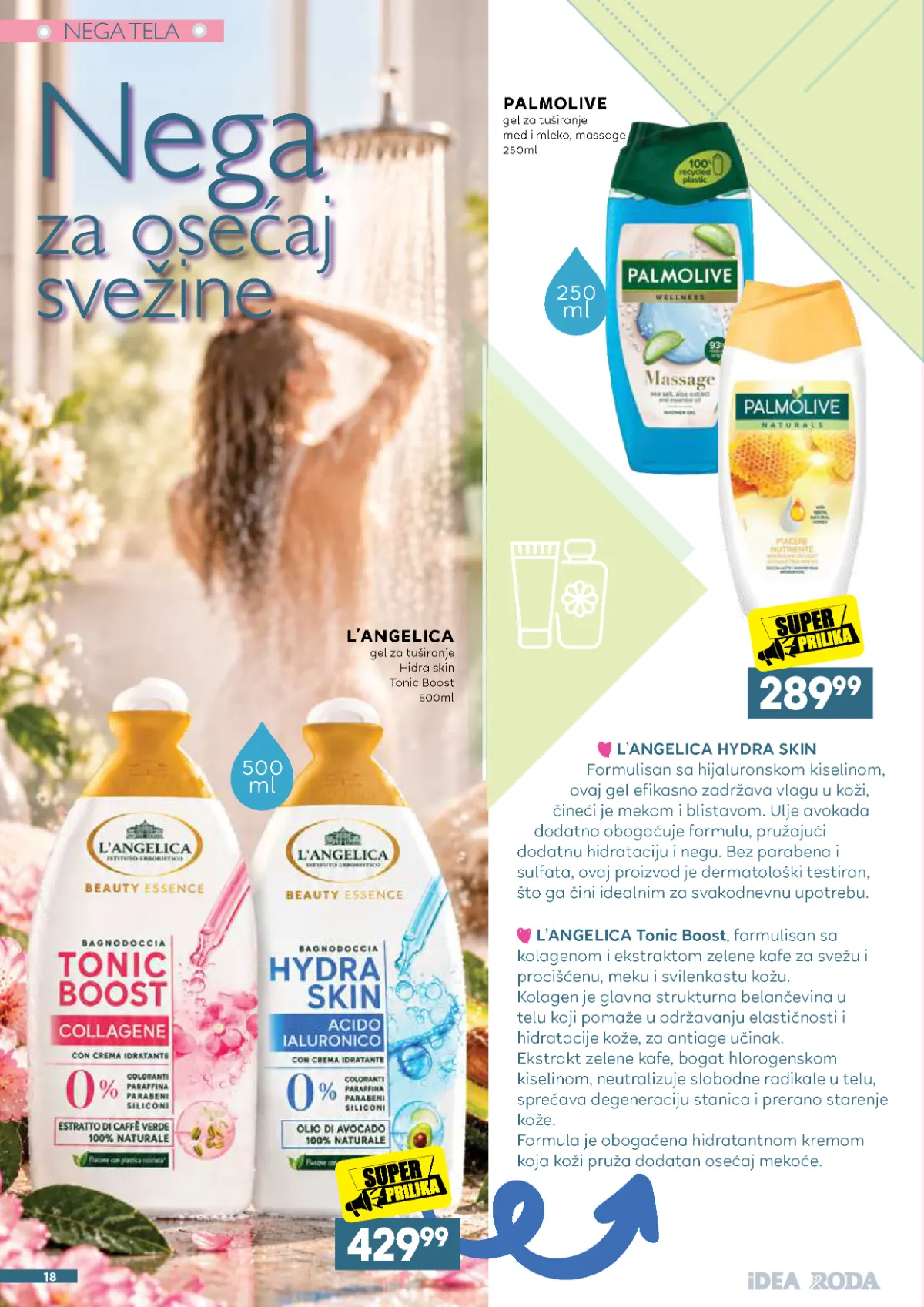 IDEA, Roda i Mercator katalog – Palmolive gel za tuširanje 289,99 dinara i L'Angelica gel za tuširanje 500 ml za 429,99 dinara