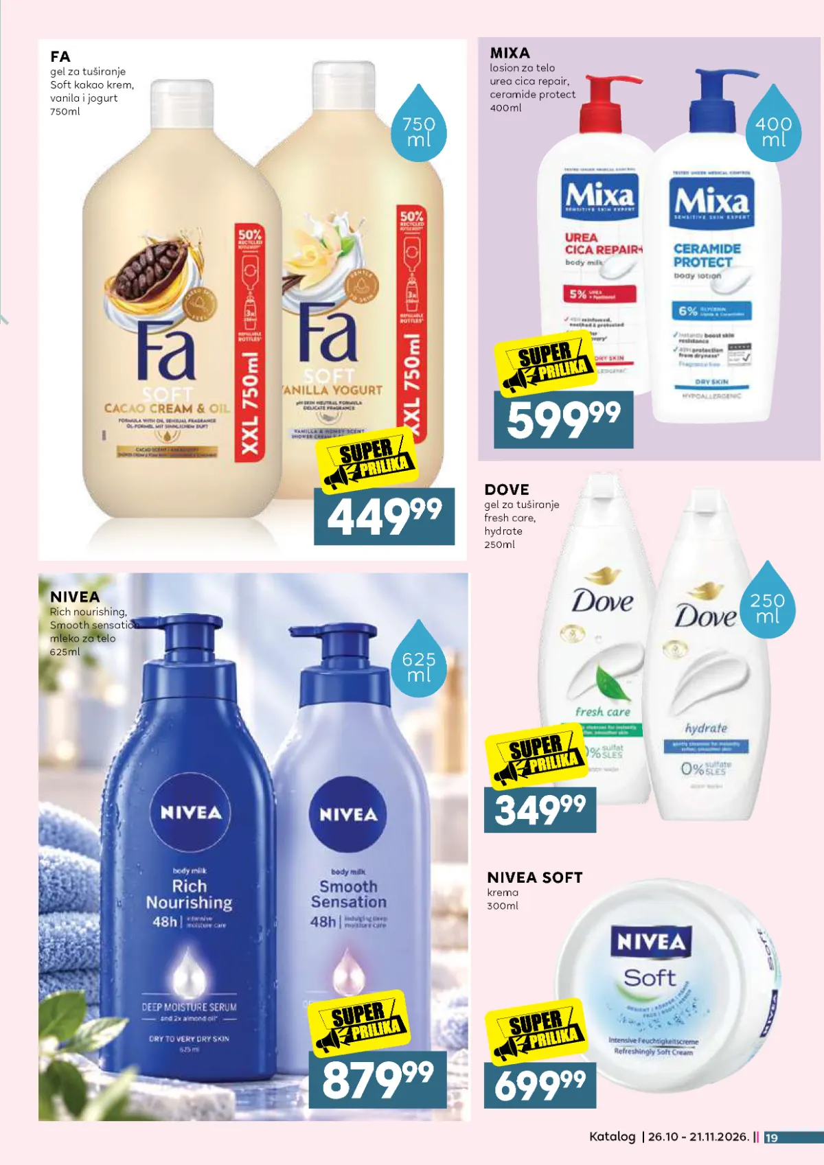 IDEA, Roda i Mercator katalog – Fa gel za tuširanje 449,99 dinara, Dove 349,99 dinara, Mixa losion 599,99 dinara i Nivea mleko