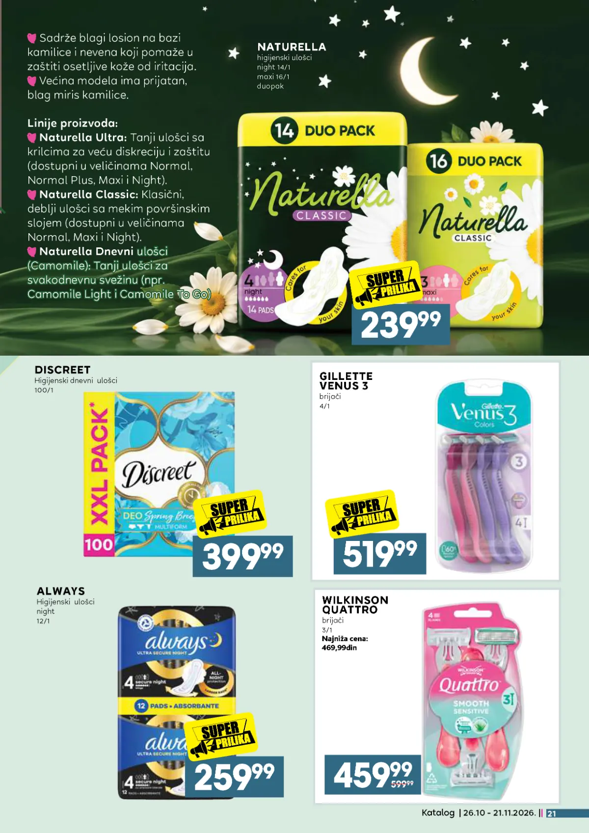 IDEA, Roda i Mercator katalog – Naturella ulošci 239,99 dinara, Always 259,99 dinara, Discreet 399,99 dinara i Gillette Venus brijači