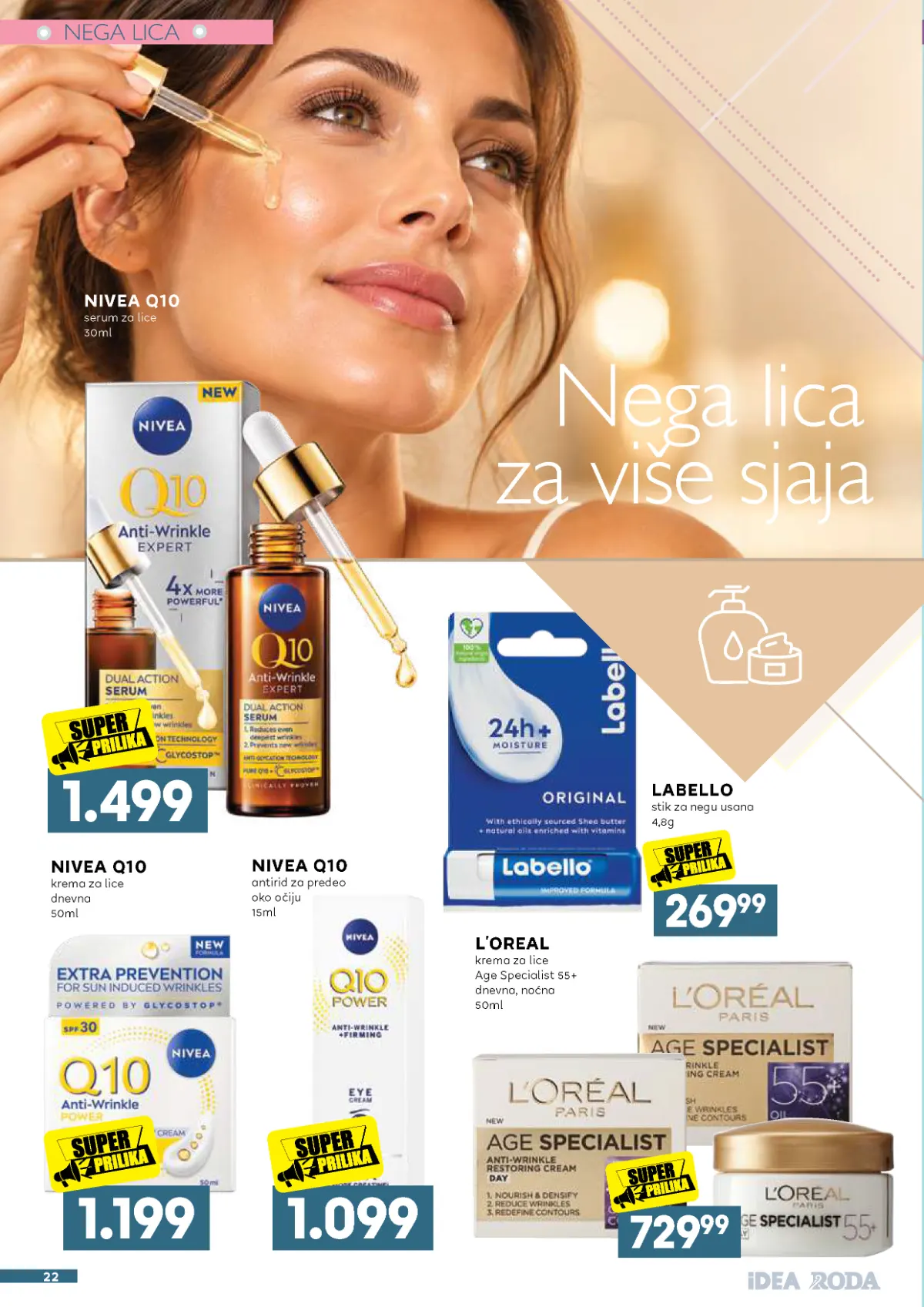 IDEA, Roda i Mercator katalog – Nivea Q10 serum 1.499 dinara, dnevna krema 1.199 dinara, Labello 269,99 dinara i L'Oreal Age Specialist