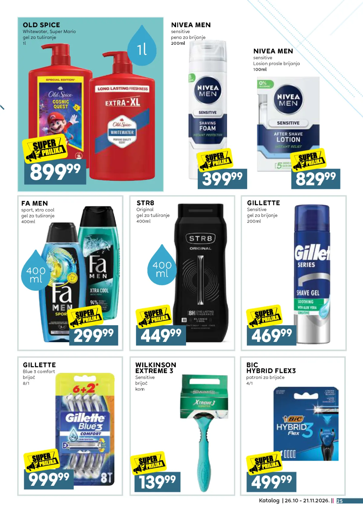IDEA, Roda i Mercator katalog – Old Spice gel 1 l za 899,99 dinara, Nivea Men pena za brijanje, Gillette i Wilkinson brijači