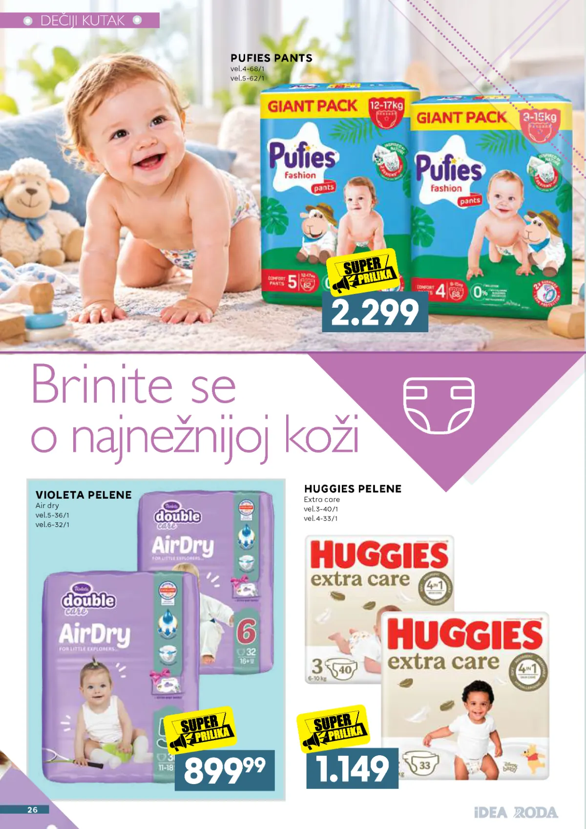 IDEA, Roda i Mercator katalog – Pufies Pants pelene 2.299 dinara, Violeta Air Dry 899,99 dinara i Huggies Extra Care 1.149 dinara