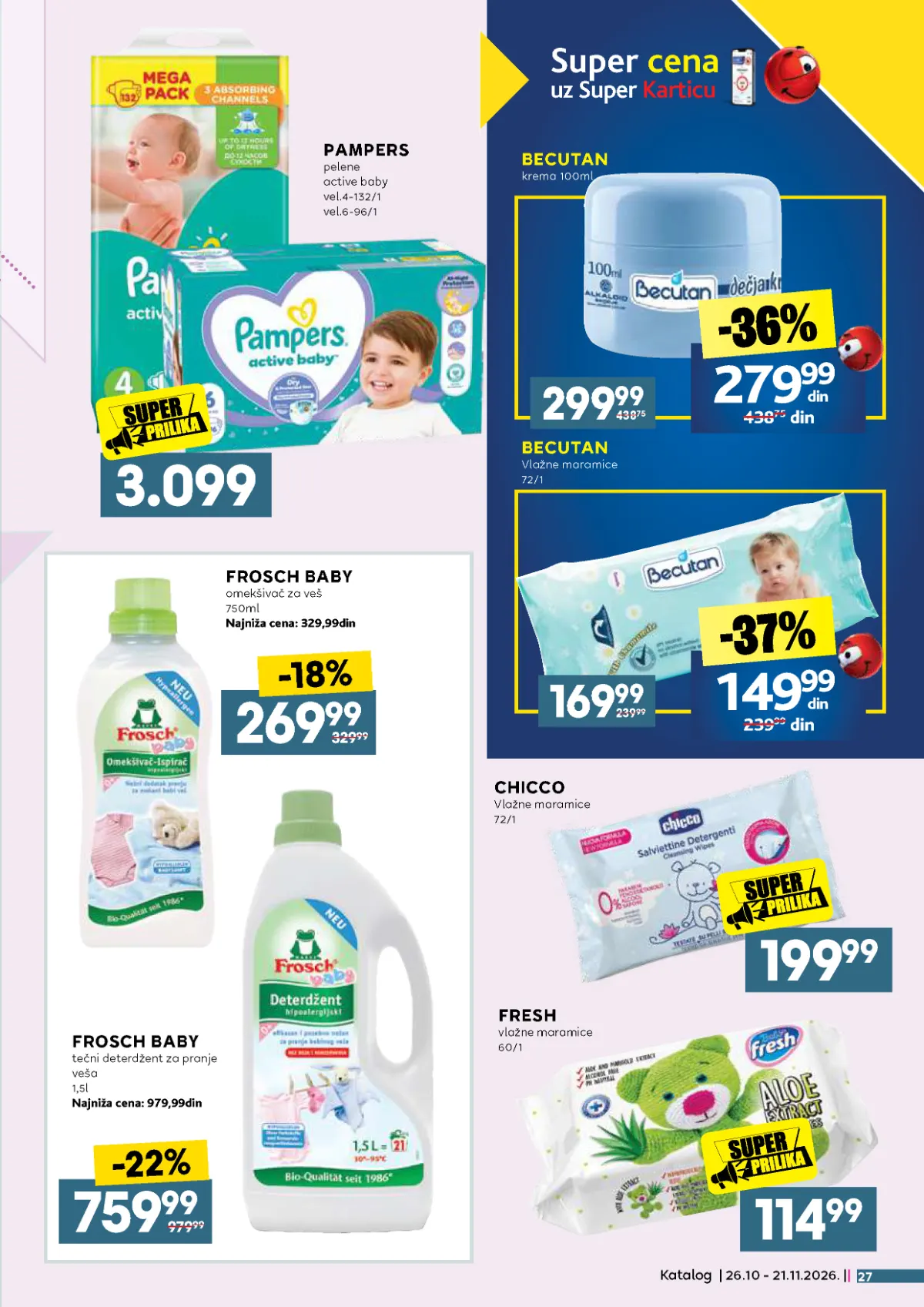 IDEA, Roda i Mercator katalog – Pampers Active Baby pelene 3.099 dinara, Becutan vlažne maramice 149,99 dinara i Frosch Baby