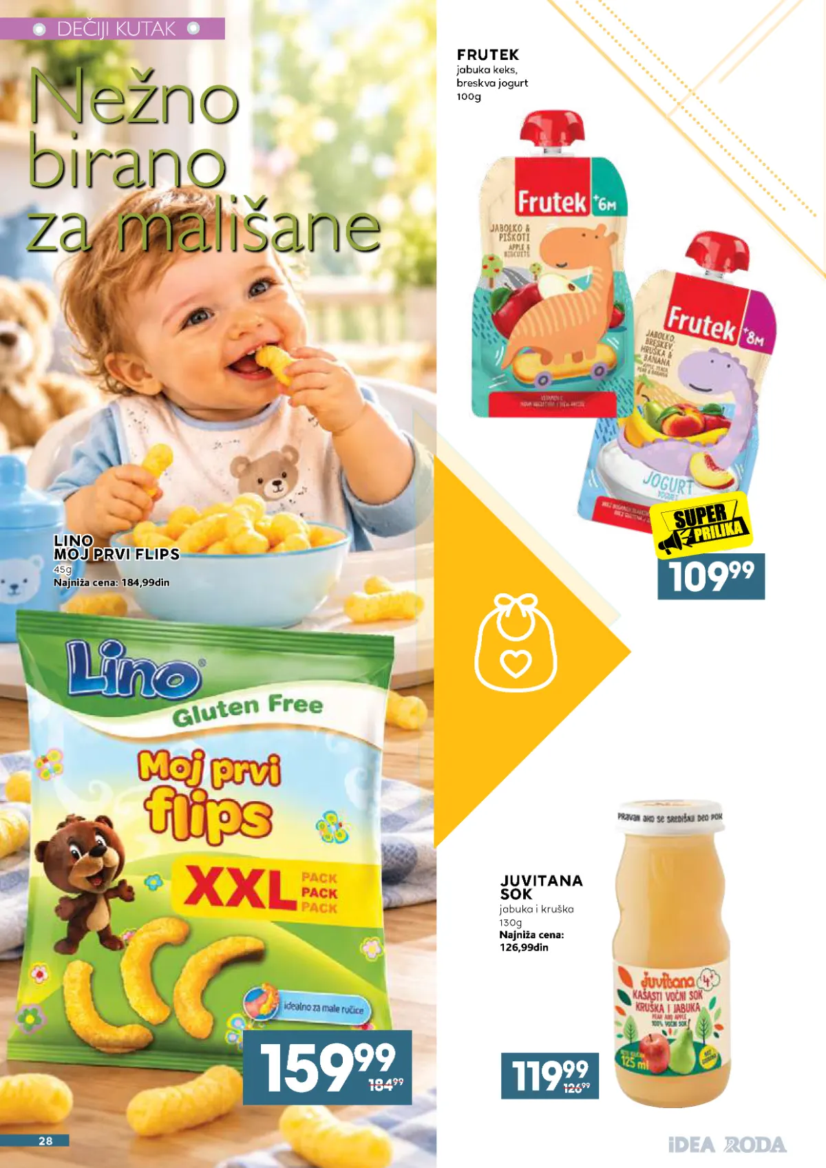 IDEA, Roda i Mercator katalog – Lino Moj prvi flips 159,99 dinara, Frutek voćne kašice 109,99 dinara i Juvitana sok