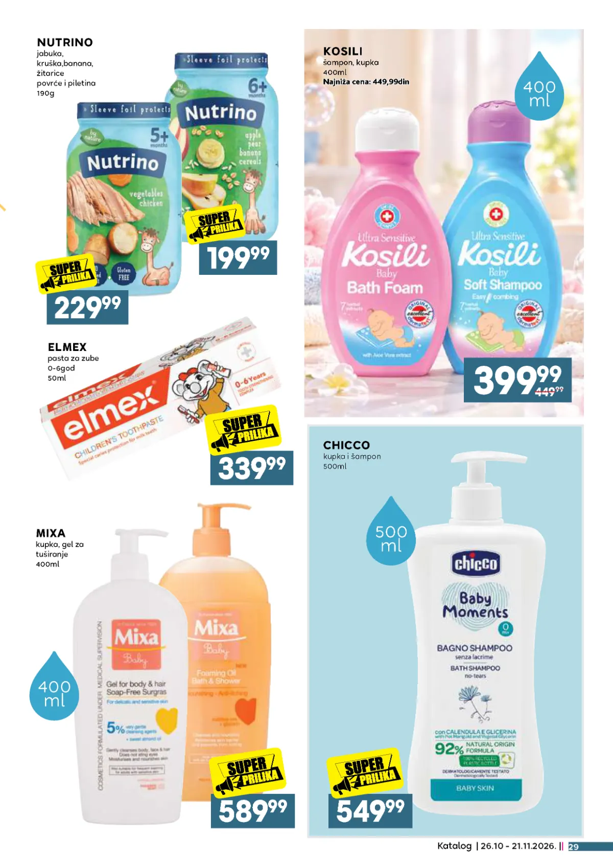 IDEA, Roda i Mercator katalog – Nutrino kašice, Kosili šampon 399,99 dinara, Chicco kupka 549,99 dinara i Elmex dečija pasta