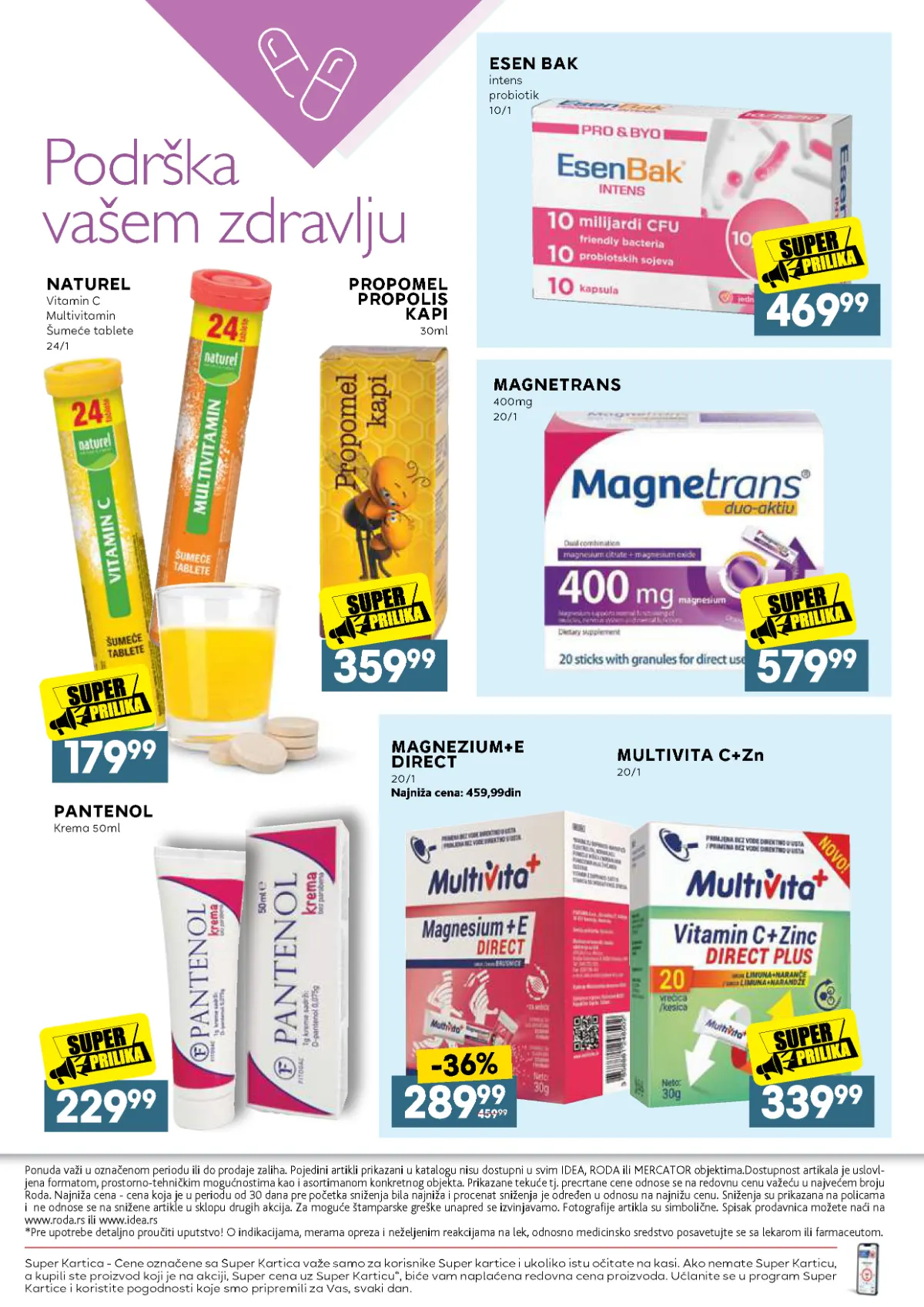 IDEA, Roda i Mercator katalog – Naturel vitamin C, Propomel propolis kapi, Magnezijum Direct 289,99 dinara i Pantenol krema