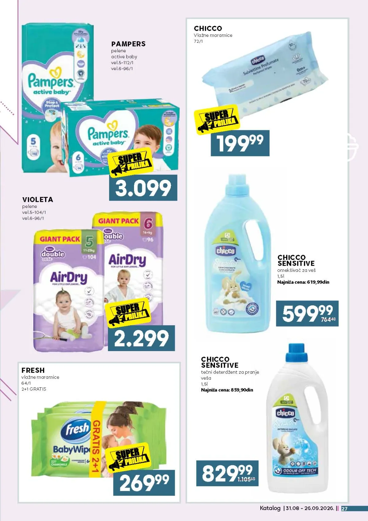 Pampers i Violeta pelene, Chicco i Fresh proizvodi za bebe na akciji