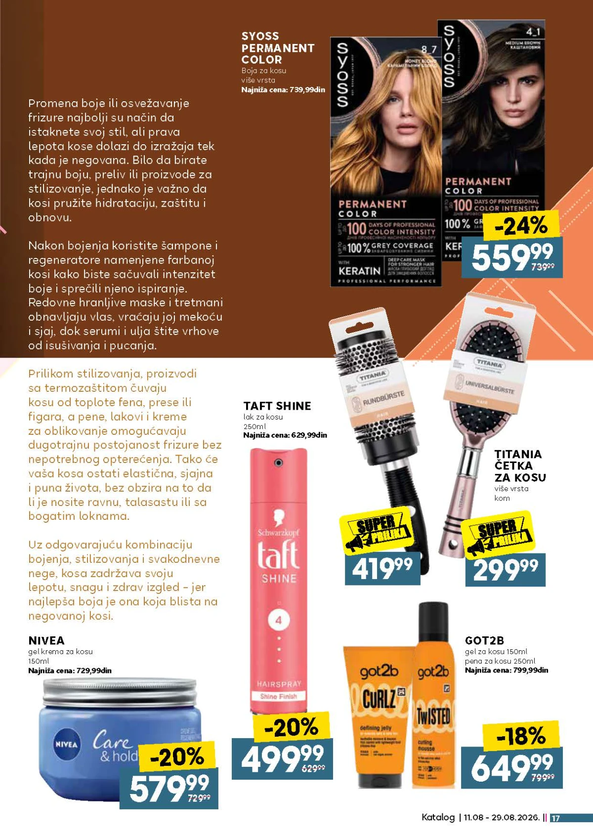IDEA, Roda i Mercator katalog do 29.08.2026. – Syoss boje za kosu i Taft, Got2b i Nivea proizvodi za stilizovanje
