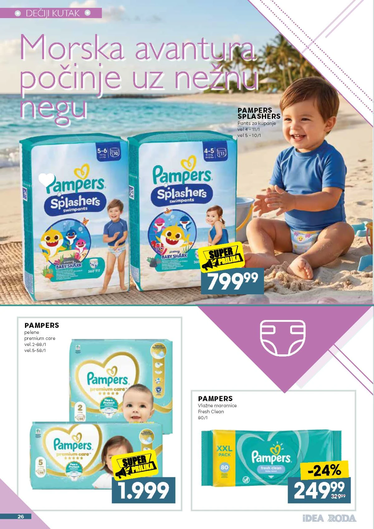 IDEA, Roda i Mercator katalog do 29.08.2026. – Pampers Premium Care pelene, Splashers i Fresh Clean vlažne maramice