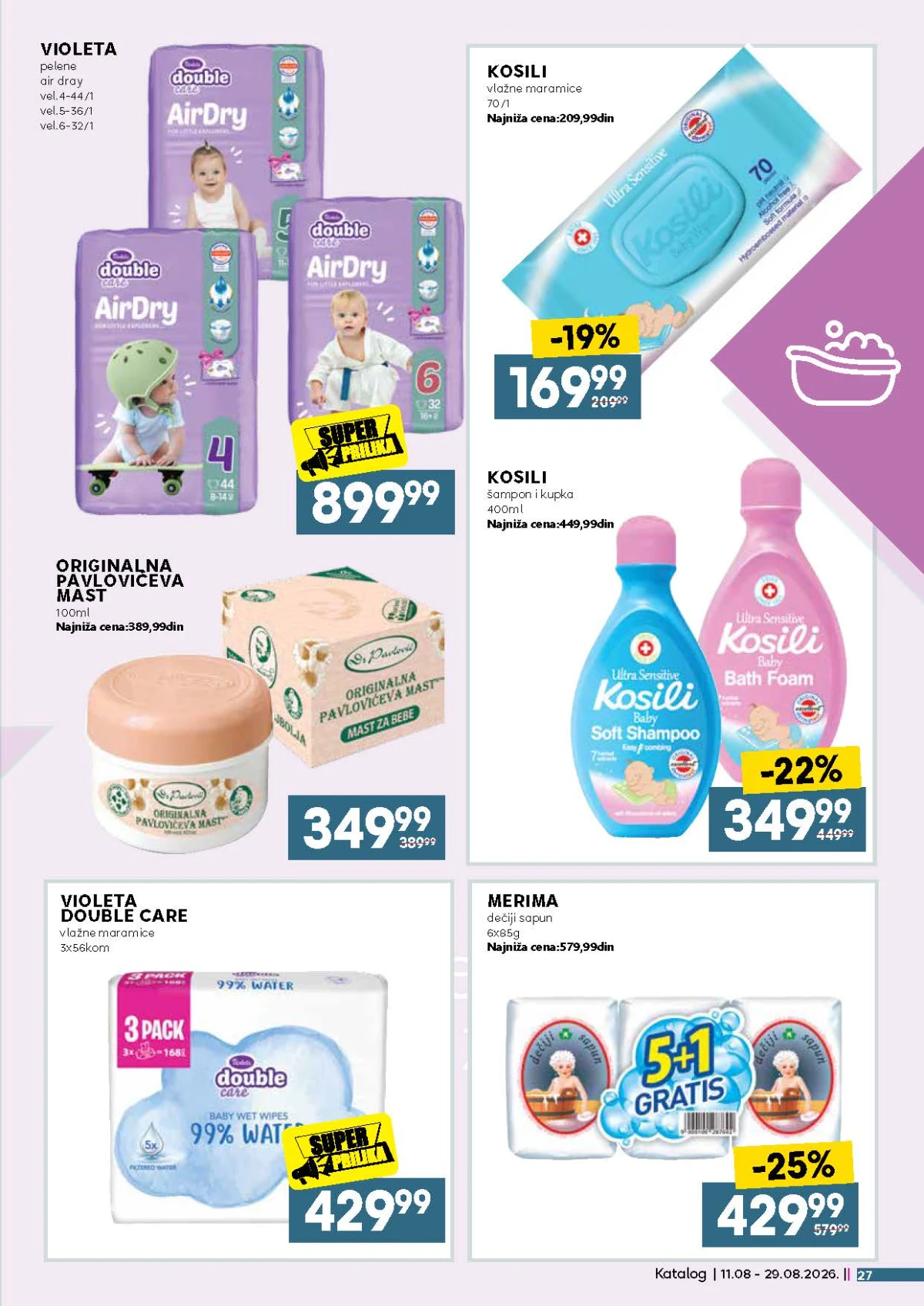 IDEA, Roda i Mercator katalog do 29.08.2026. – Violeta pelene i maramice, Pavlovićeva mast, Merima i Kosili dečiji program