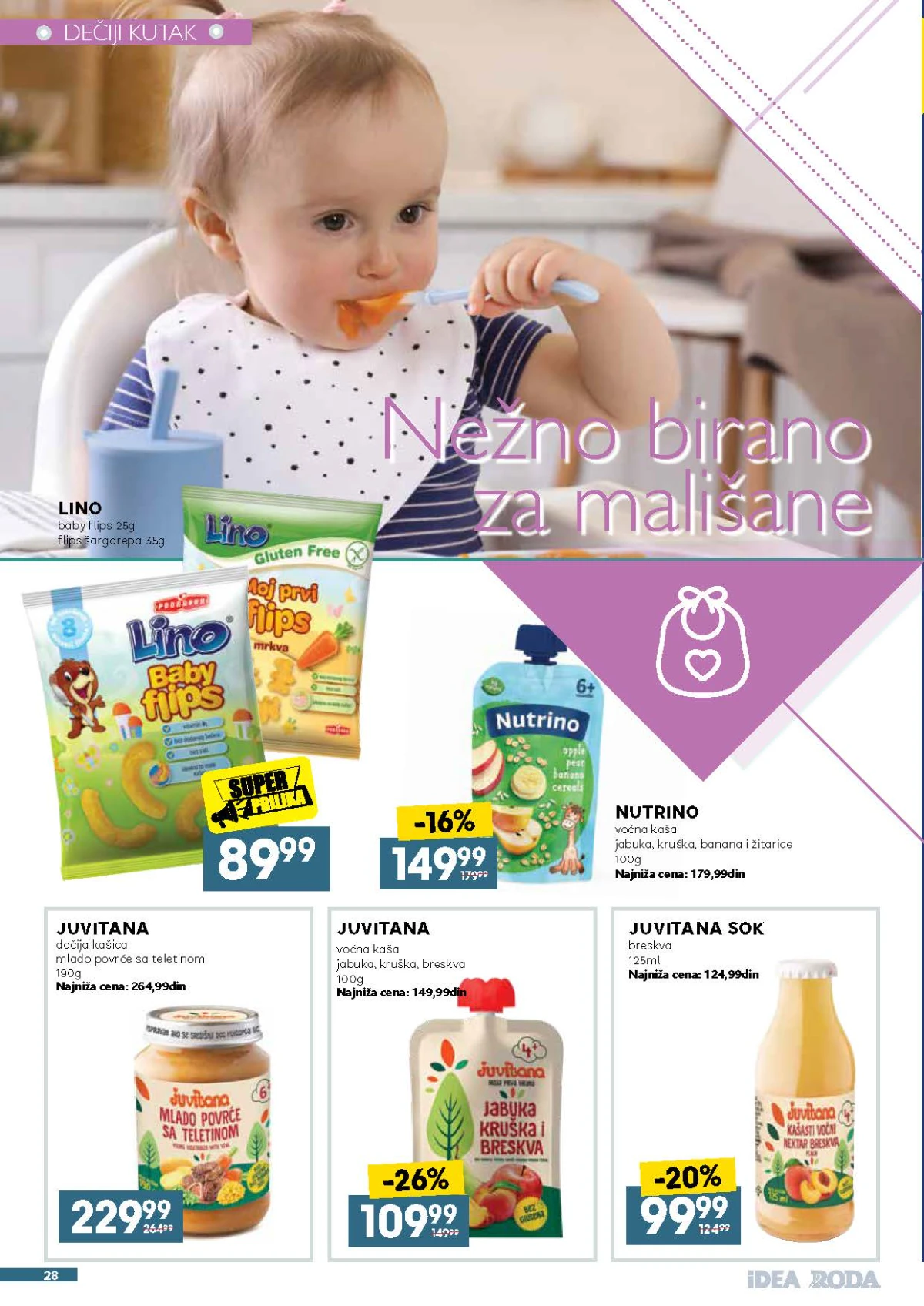 IDEA, Roda i Mercator katalog do 29.08.2026. – Juvitana kašice i sok, Nutrino voćna kaša i Lino baby flips