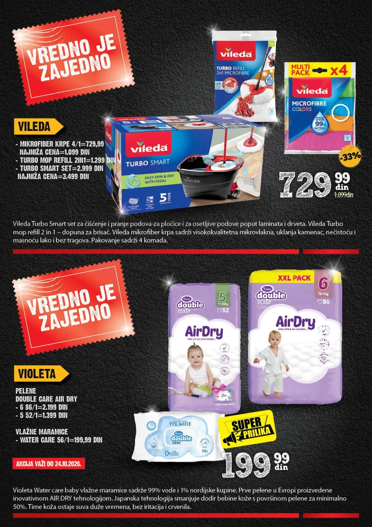 Vileda set za čišćenje i Violeta pelene