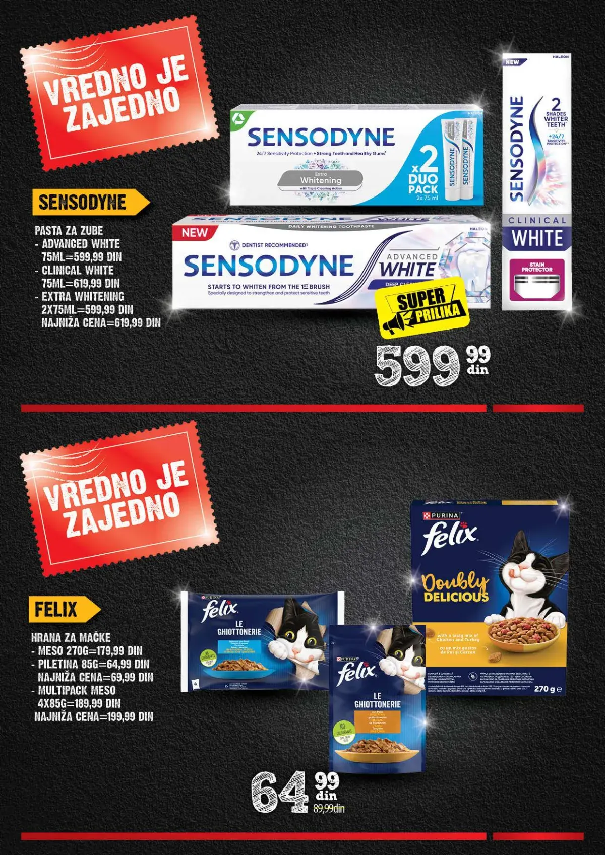 Sensodyne paste za zube i Felix hrana za mačke