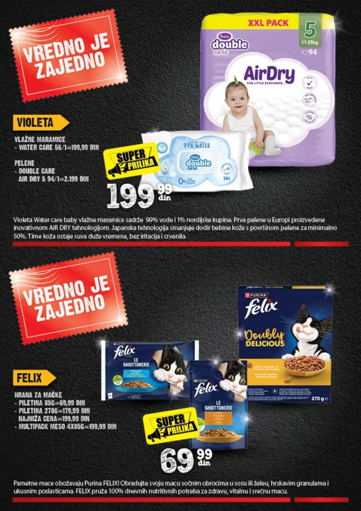 Violeta pelene i vlažne maramice i Felix hrana za mačke