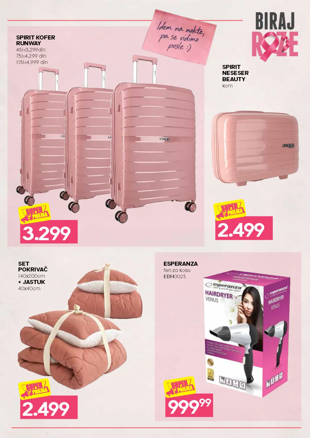 Biraj roze akcija – Spirit kofer, neseser, pokrivač i Esperanza fen
