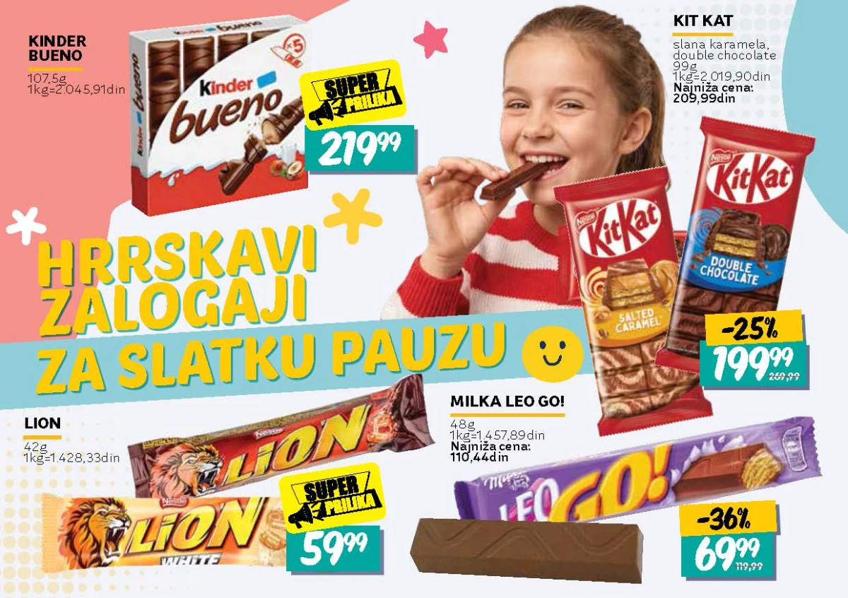 Kit Kat čokoladice uz 25% i Milka Leo Go uz 36% popusta u katalogu IDEA, Roda i Mercator