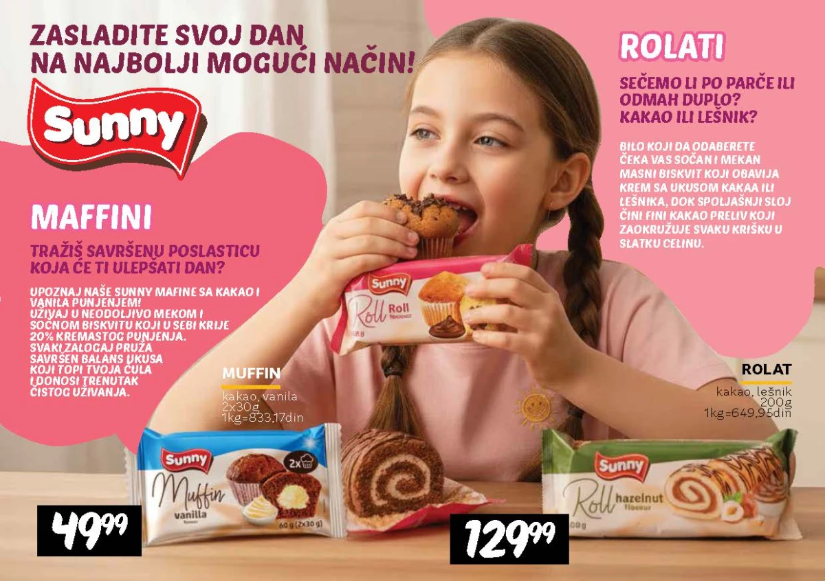 Sunny mafini sa kakaom i vanilom i rolati sa kakaom i lešnikom u katalogu do 16.09.2026.