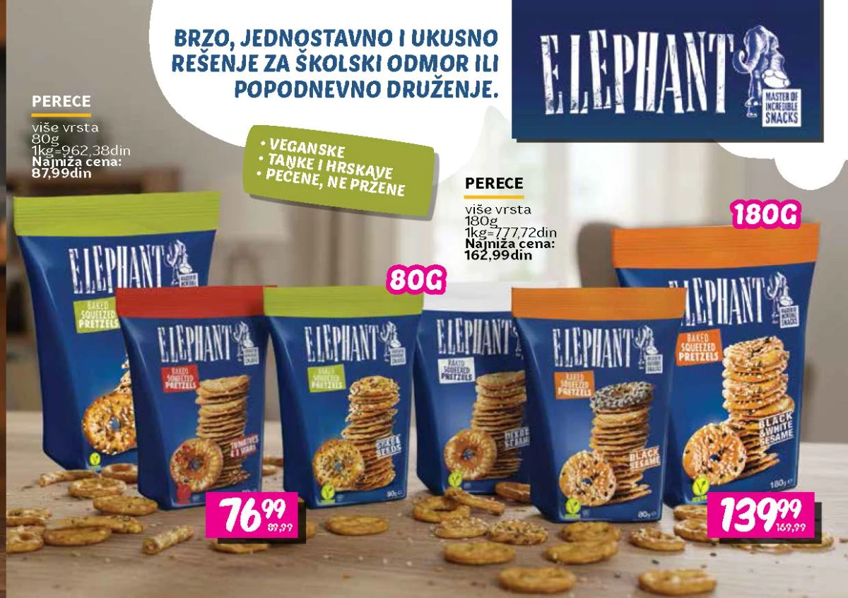 Elephant tanke i hrskave perece u pakovanjima od 80 g i 180 g u katalogu do 16.09.2026.
