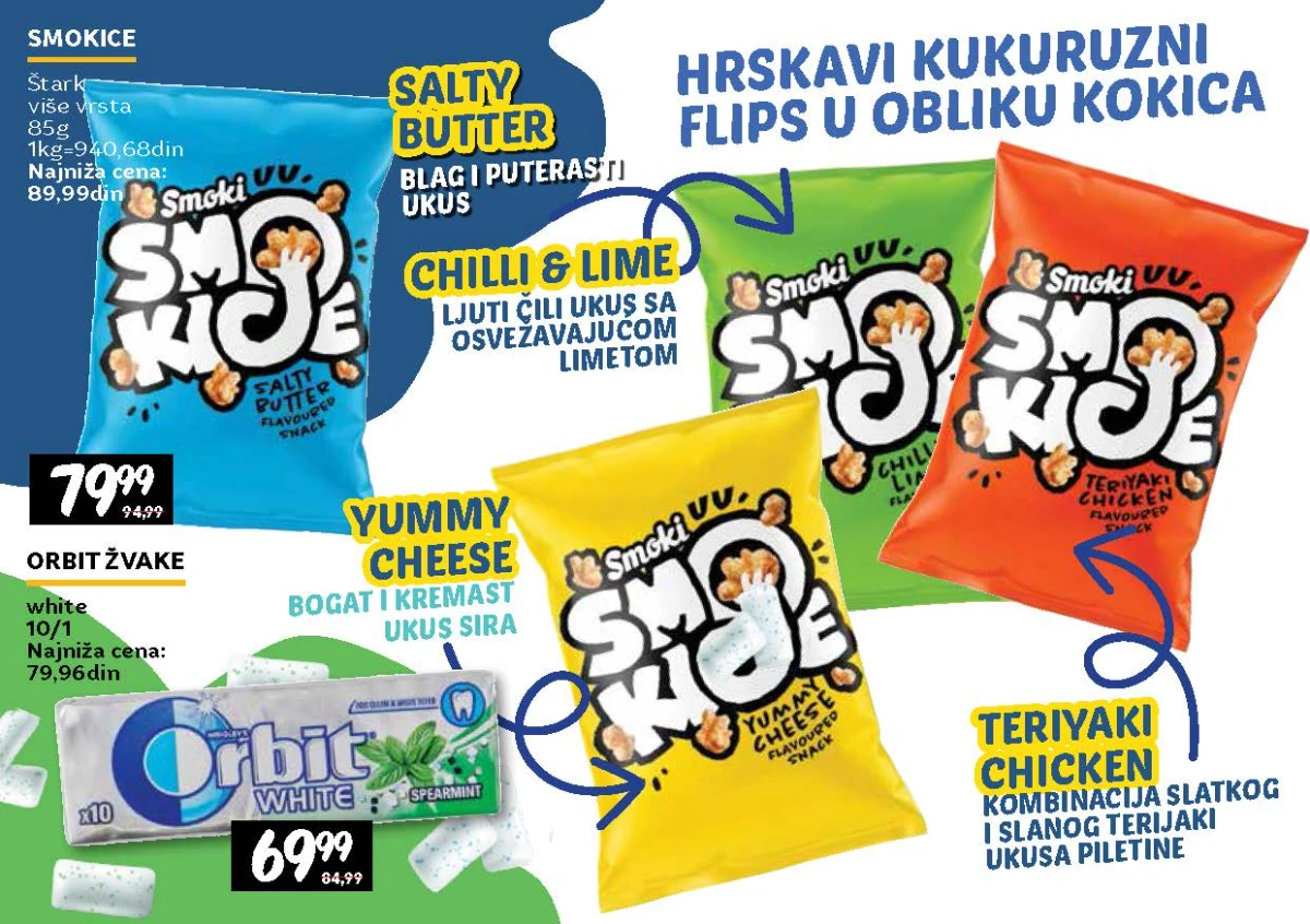 Štark Smoki kukuruzni flips u više ukusa i Orbit White žvake u katalogu do 16.09.2026.