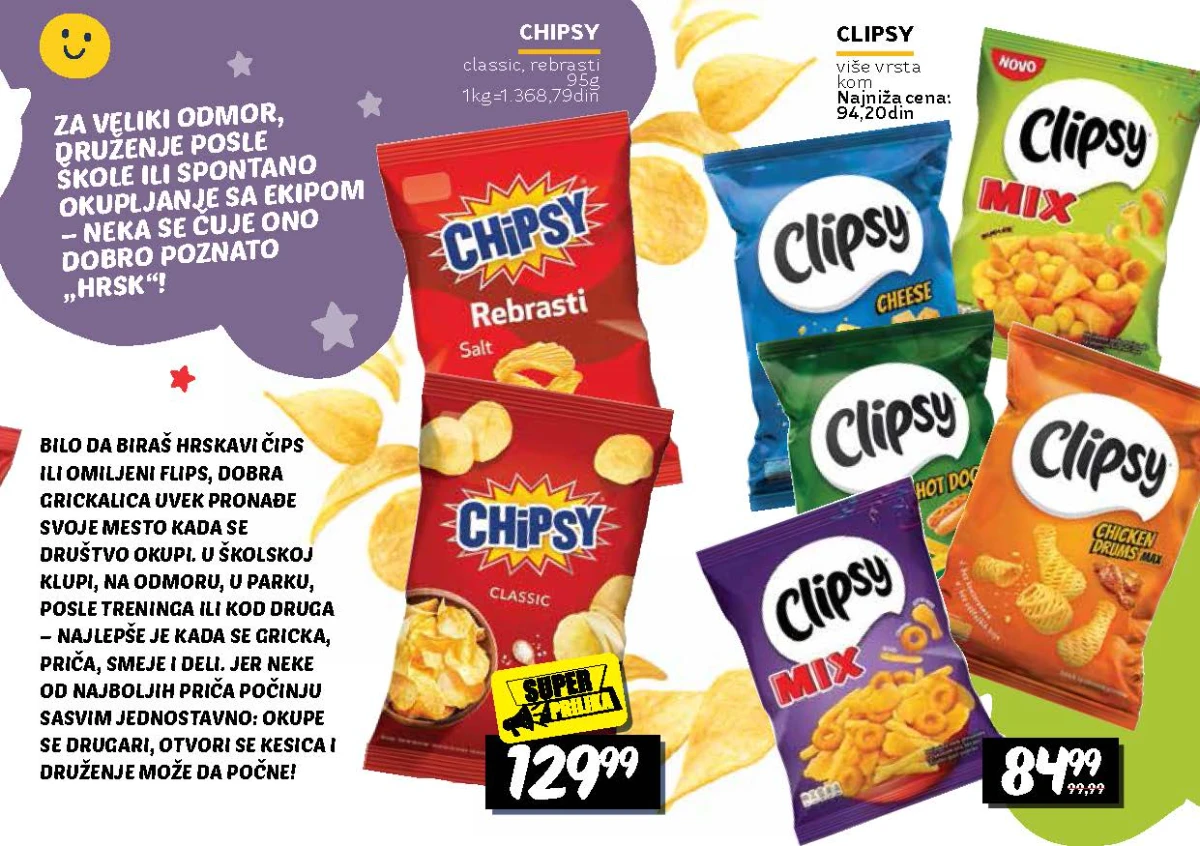 Chipsy čips i Clipsy grickalice u više ukusa po akcijskim cenama do 16.09.2026.