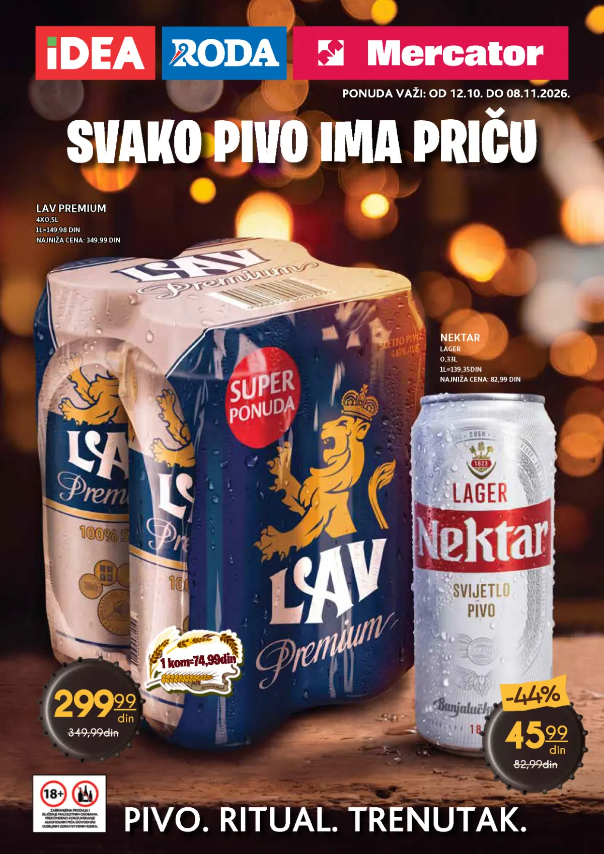 IDEA, RODA i Mercator specijal piva od 12.10. do 08.11.2026. – Lav Premium 4 × 0,5 l za 299,99 dinara i Nektar lager 0,33 l za 45,99 dinara