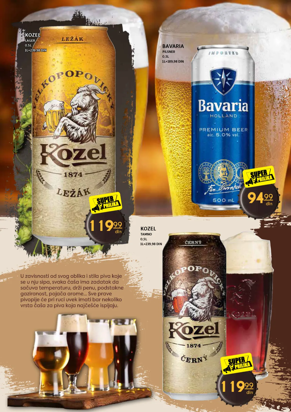 Kozel lager i tamno pivo po 119,99 dinara i Bavaria pilsner za 94,99 dinara