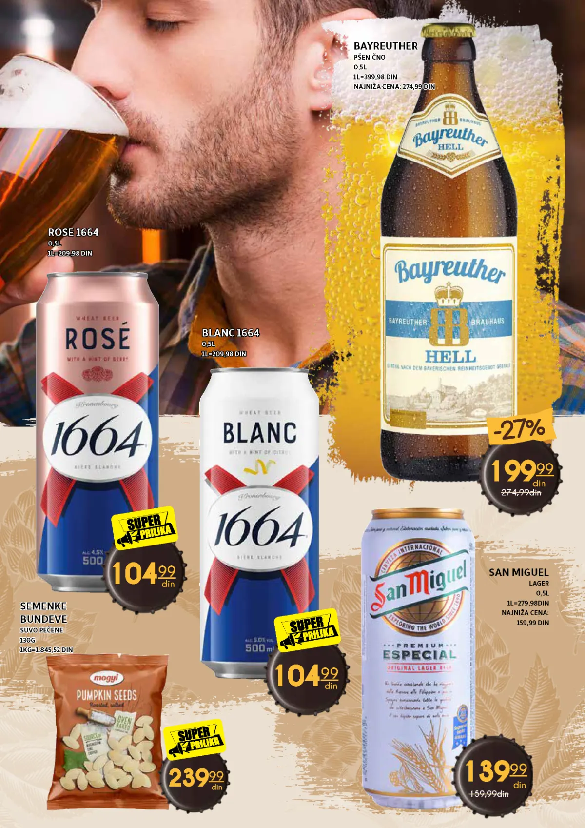 San Miguel lager, Bayreuther pšenično pivo, Blanc 1664, Rose 1664 i semenke bundeve