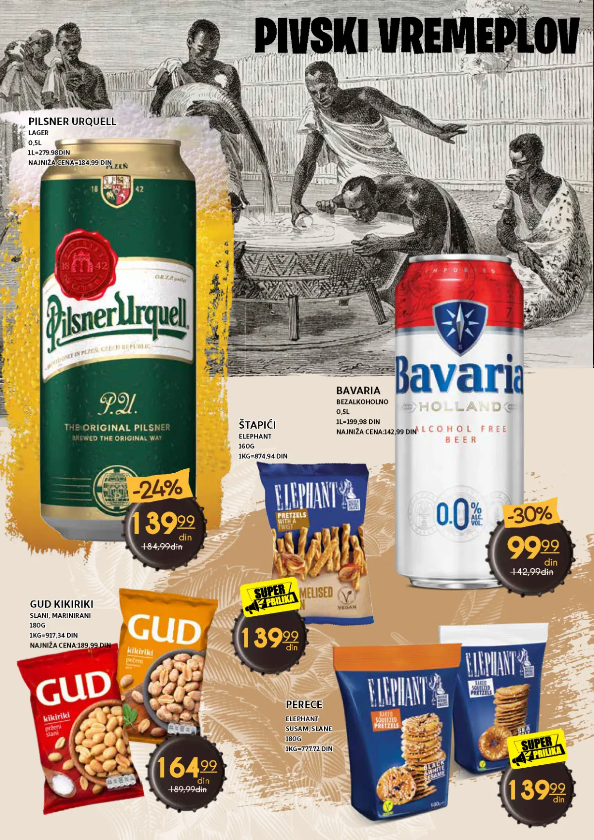 Bavaria bezalkoholno pivo, Pilsner Urquell, Elephant grickalice i GUD kikiriki
