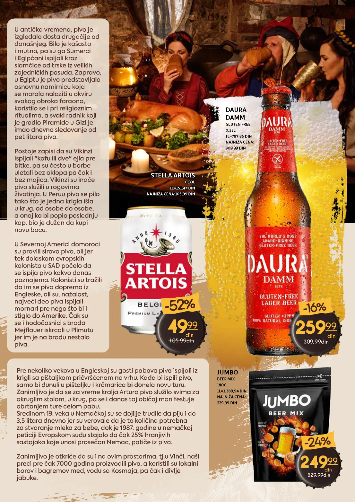 Stella Artois 0,33 l za 49,99 dinara uz popust od 52%, Daura Damm bez glutena i Jumbo Beer Mix