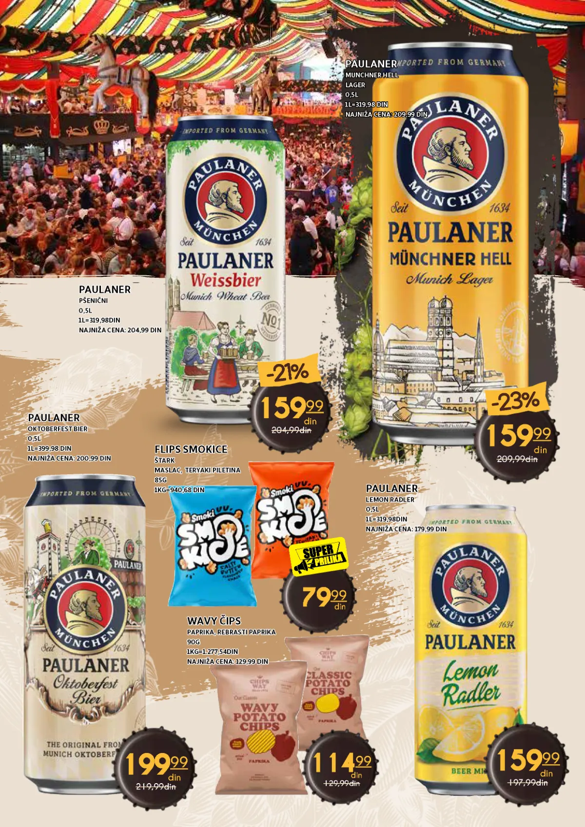Paulaner pšenični, Munchner Hell, Oktoberfest Bier i Lemon Radler, uz Štark Smokice i Wavy čips