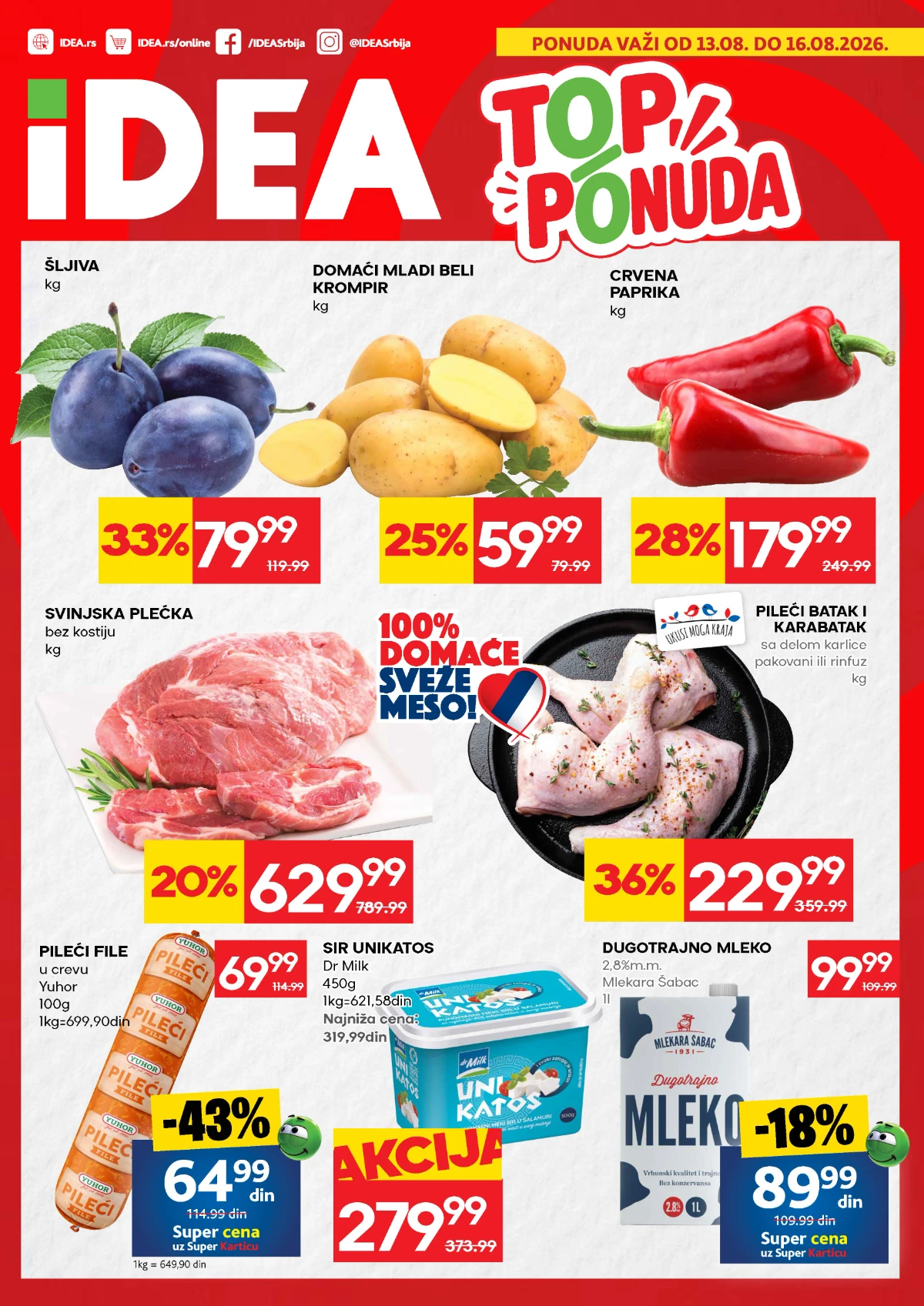 IDEA TOP ponuda od 13.08. do 16.08.2026. donosi popuste do 51% na meso, voće, mlečne proizvode i proizvode za domaćinstvo