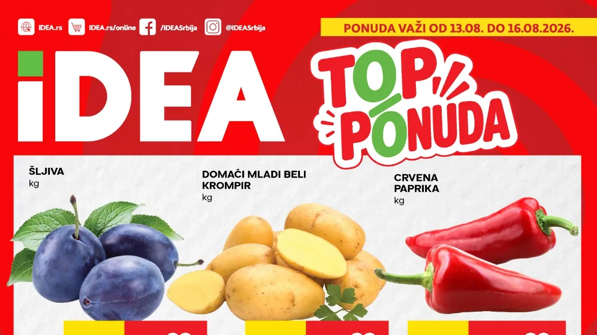 IDEA TOP ponuda do 16.08.2026. – popusti do 51% na meso, voće, mlečne proizvode i kućne potrepštine