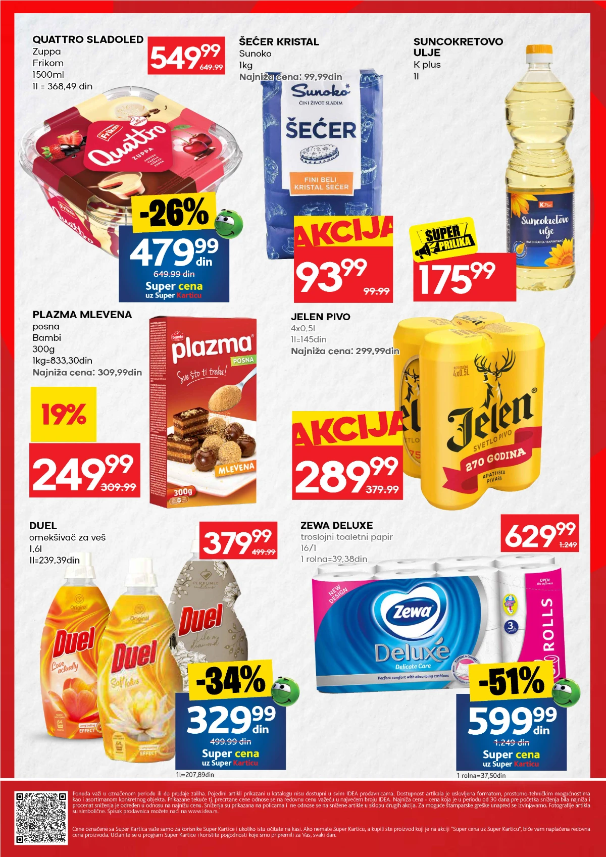 IDEA TOP ponuda do 16.08.2026. – Zewa do 51% jeftinija, Duel, Quattro sladoled, Plazma, Jelen pivo, šećer i ulje po akcijskim cenama