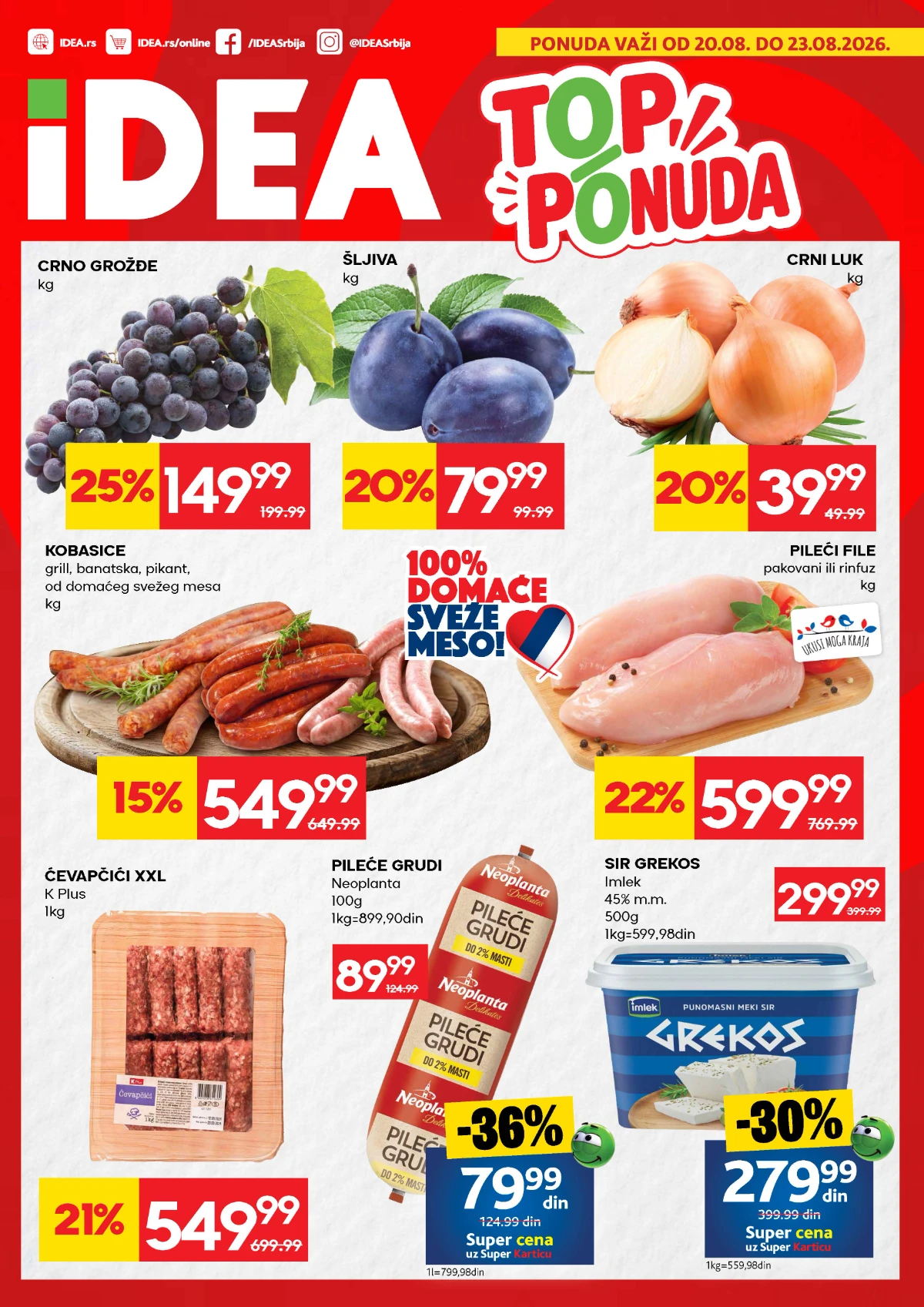 IDEA TOP ponuda od 20.08. do 23.08.2026. – meso, voće, povrće, mlečni proizvodi i druge namirnice uz sniženja do 53%