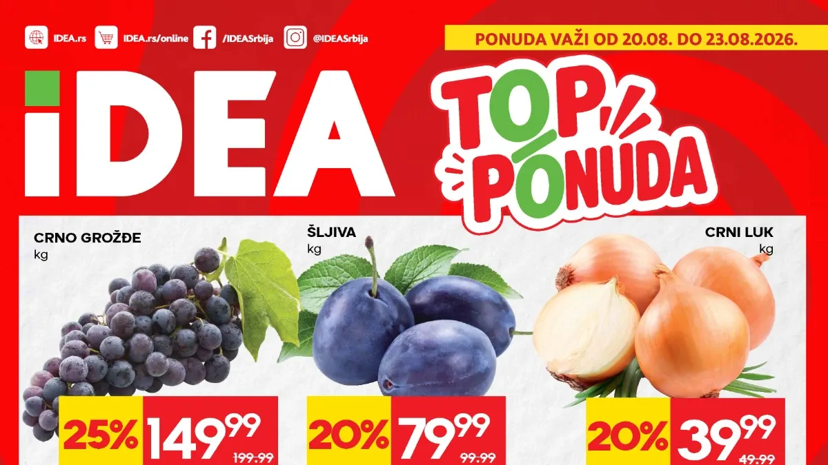 IDEA TOP ponuda od 20.08. do 23.08.2026. – meso, voće, povrće, sir i druge namirnice uz sniženja do 53%