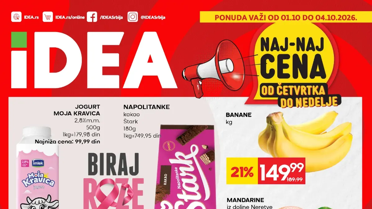 IDEA vikend akcija od 01.10. do 04.10.2026. – NAJ-NAJ cene na hranu, meso, voće, mlečne proizvode i kućne potrepštine