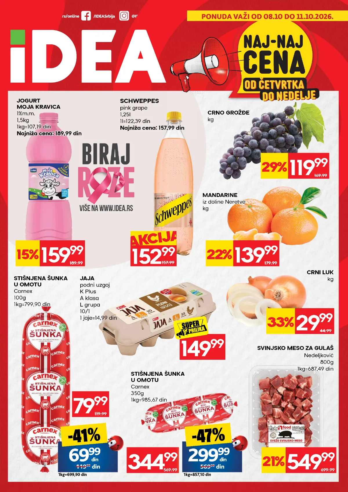 IDEA vikend akcija 08–11.10.2026. – jogurt Moja Kravica, crno grožđe, mandarine, jaja, Carnex šunka i svinjsko meso za gulaš