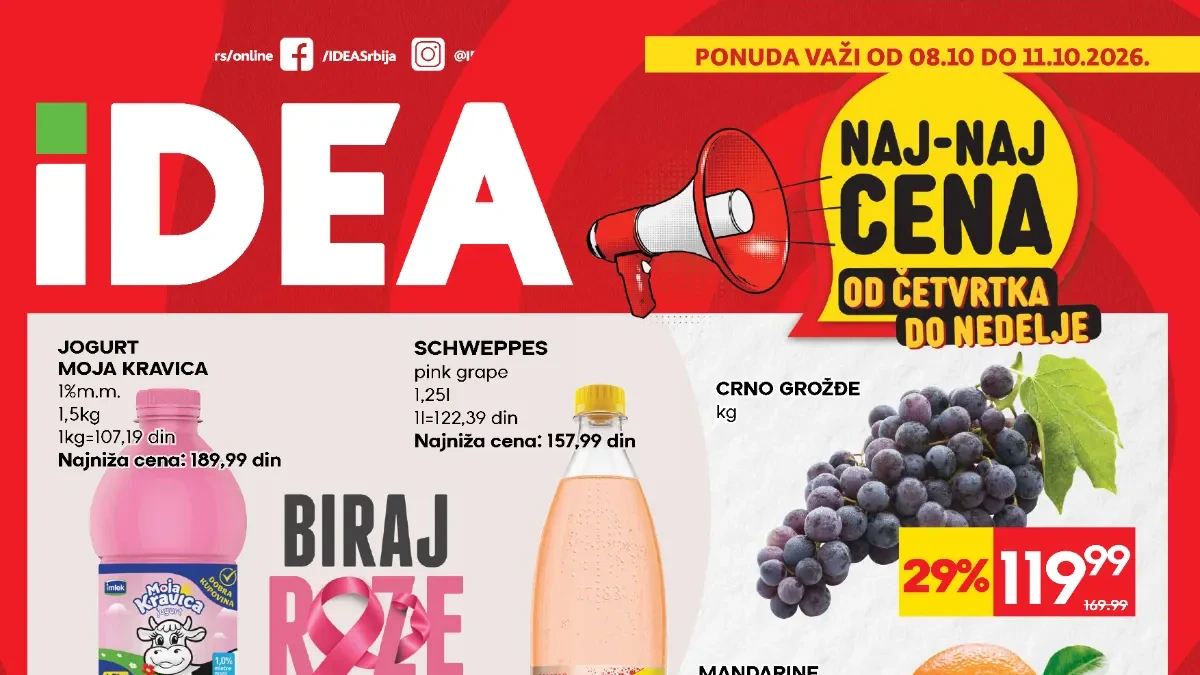 IDEA vikend akcija 08–11.10.2026. – crno grožđe, mandarine, jogurt Moja Kravica, jaja i Carnex šunka na akciji
