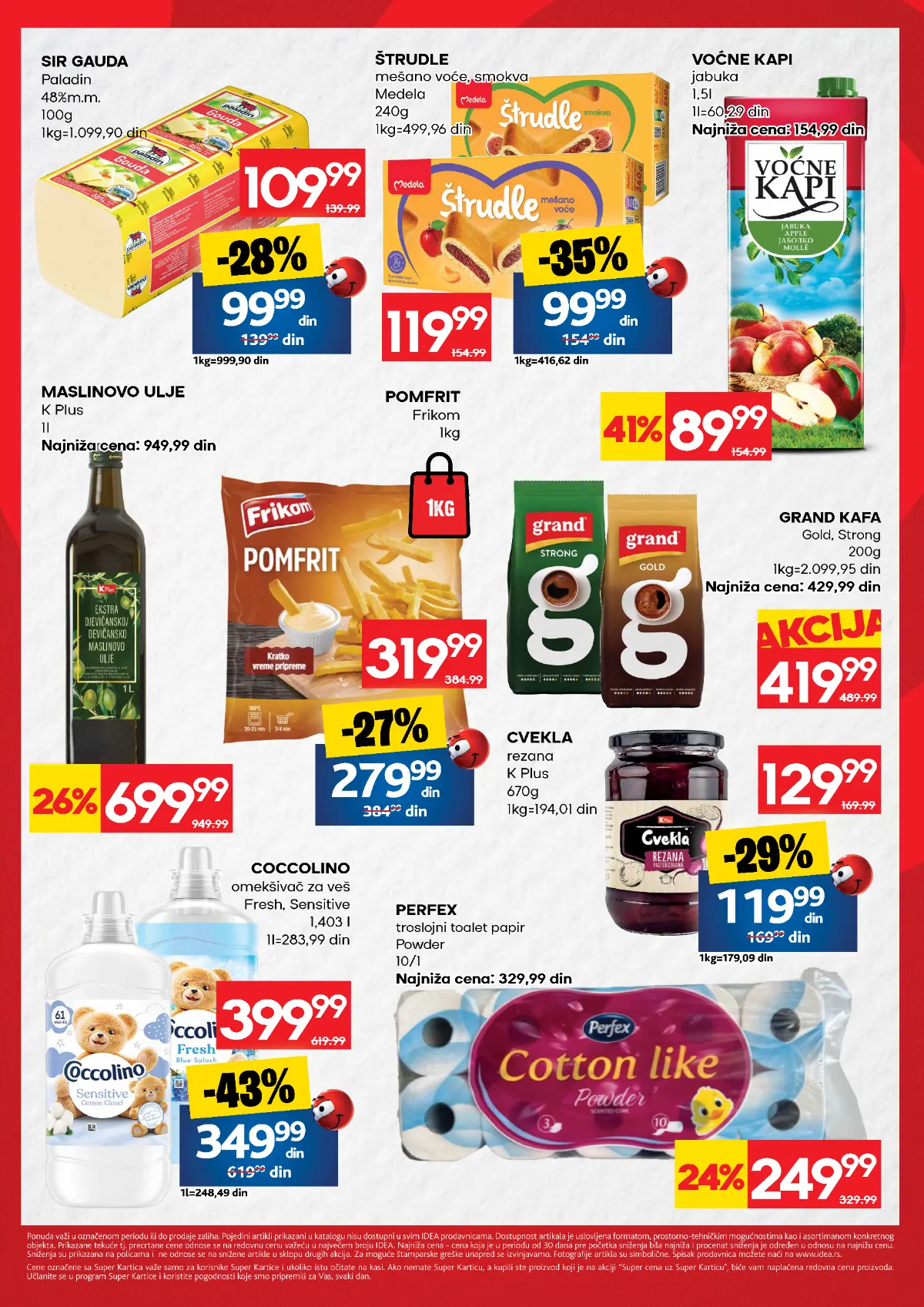 IDEA vikend akcija do 11.10.2026. – Paladin gauda, Medela štrudle, Voćne kapi, K Plus maslinovo ulje, Frikom pomfrit, Grand kafa, cvekla, Coccolino i Perfex