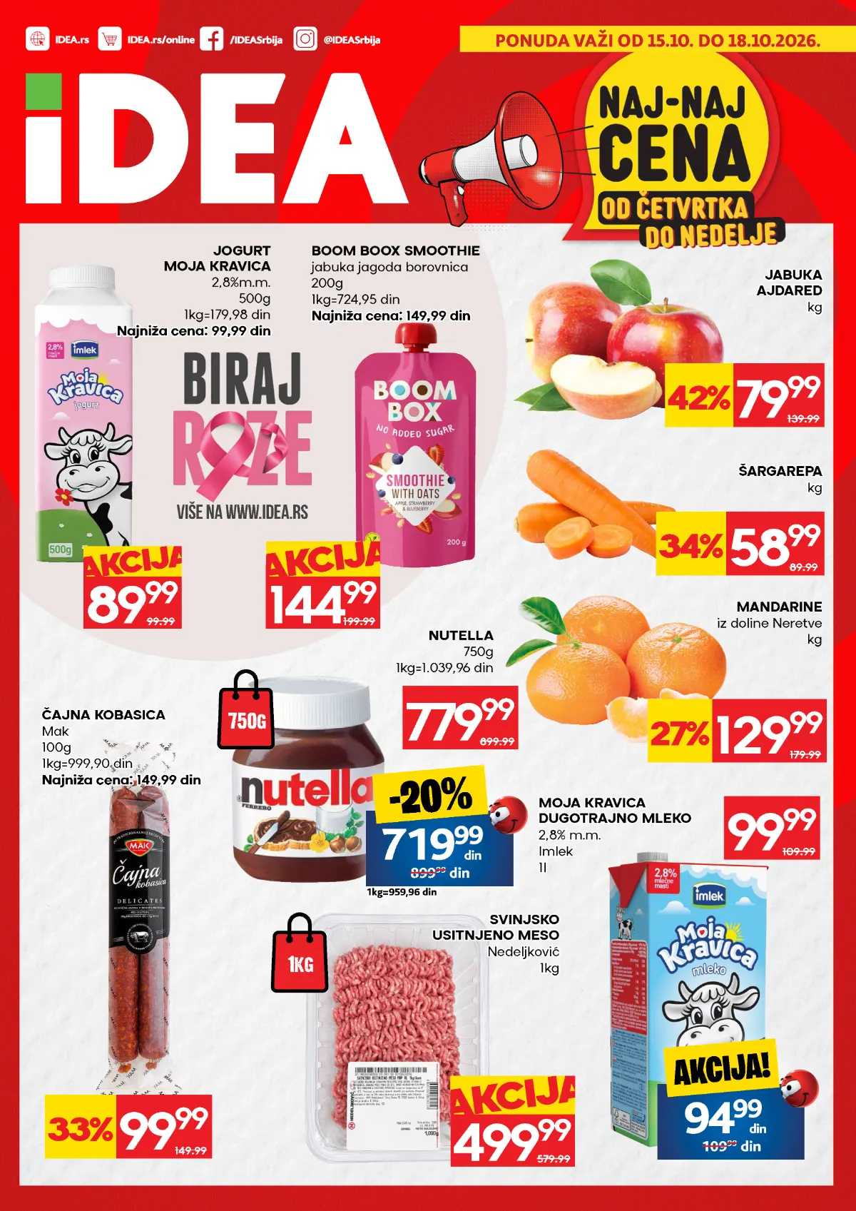IDEA vikend akcija od 15. do 18.10.2026. – jabuke Ajdared 79,99 din/kg, šargarepa 58,99 din/kg, mandarine 129,99 din/kg i svinjsko usitnjeno meso 499,99 din/kg