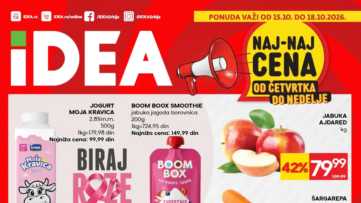 IDEA vikend akcija od 15. do 18.10.2026. – jabuke Ajdared, mandarine, jogurt Moja Kravica, Nutella i svinjsko usitnjeno meso