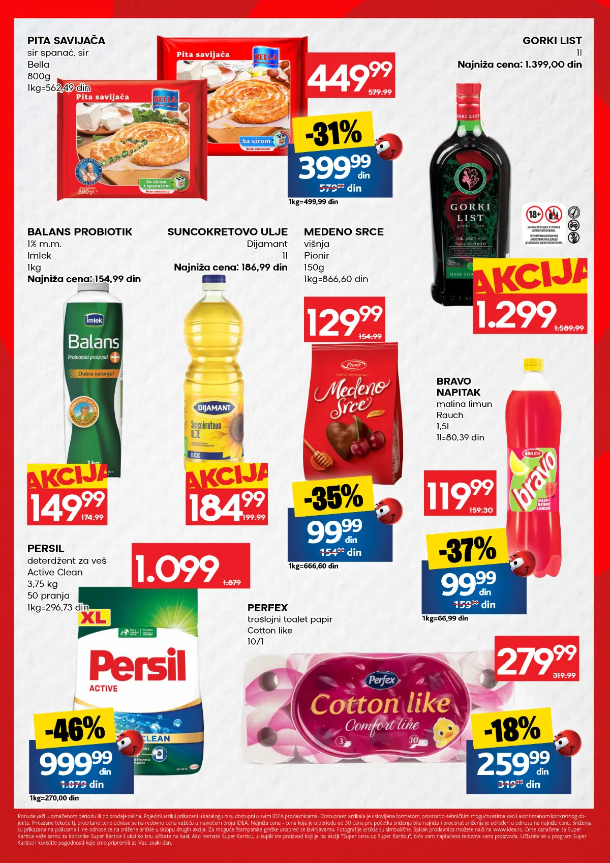 IDEA vikend akcija 15–18.10.2026. – Bella pita savijača, ulje Dijamant, Medeno srce, Bravo napitak, Persil deterdžent i Perfex toalet papir
