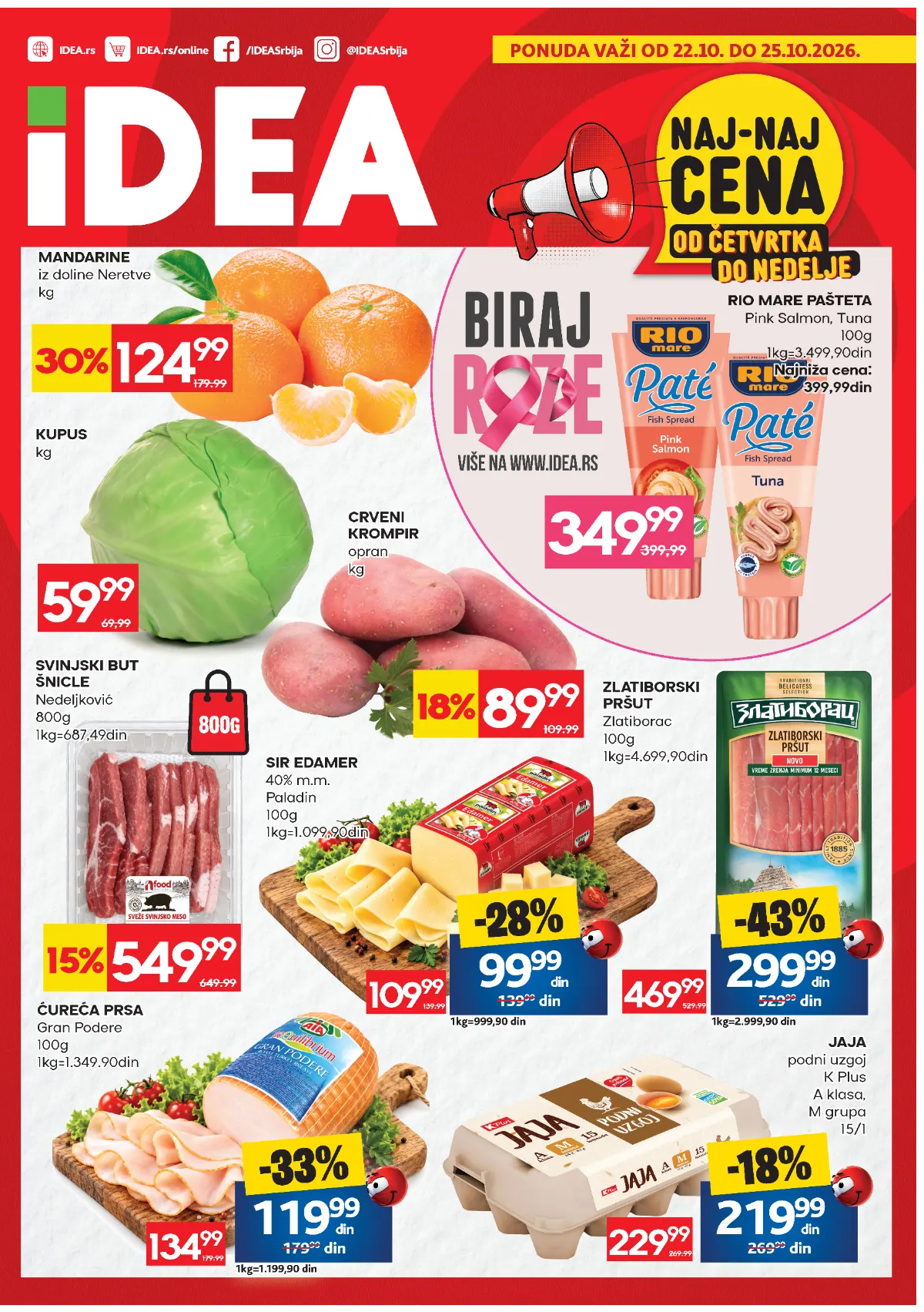 IDEA katalog 22–25.10.2026. – mandarine 124,99 din, kupus 59,99 din, krompir 89,99 din i Zlatiborski pršut 299,99 din
