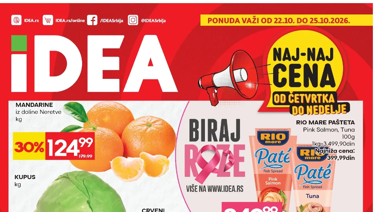 IDEA vikend akcija od 22. do 25.10.2026. – najniže cene hrane, pića i kućne hemije uz popuste do 43%