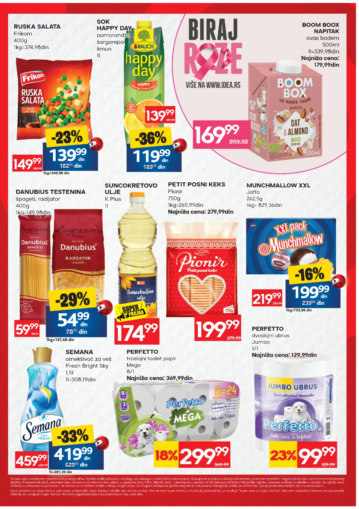 IDEA vikend katalog 22–25.10.2026. – Happy Day sok 119,99 din, Danubius testenina 54,99 din, K Plus ulje 174,99 din i Semana omekšivač 419,99 din