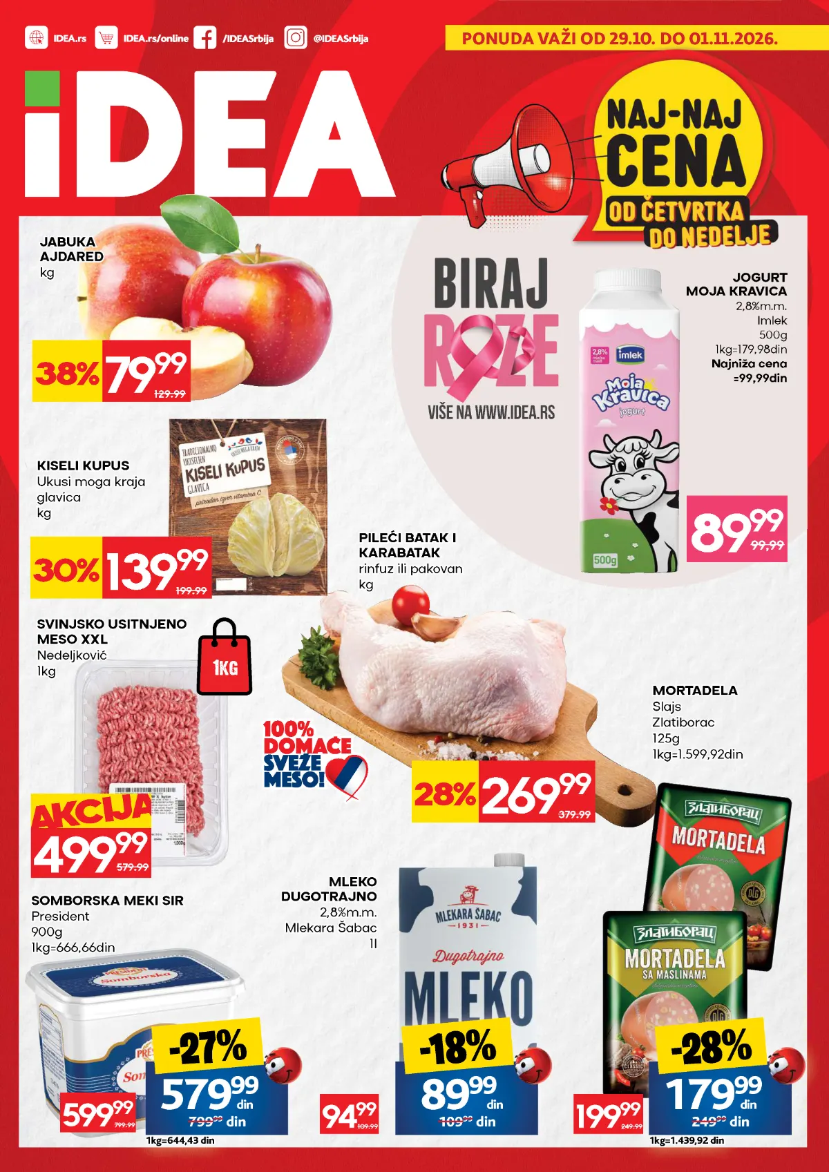 IDEA vikend akcija od 29.10. do 01.11.2026. – jabuke ajdared, jogurt Moja Kravica, pileći batak i karabatak i mlečni proizvodi