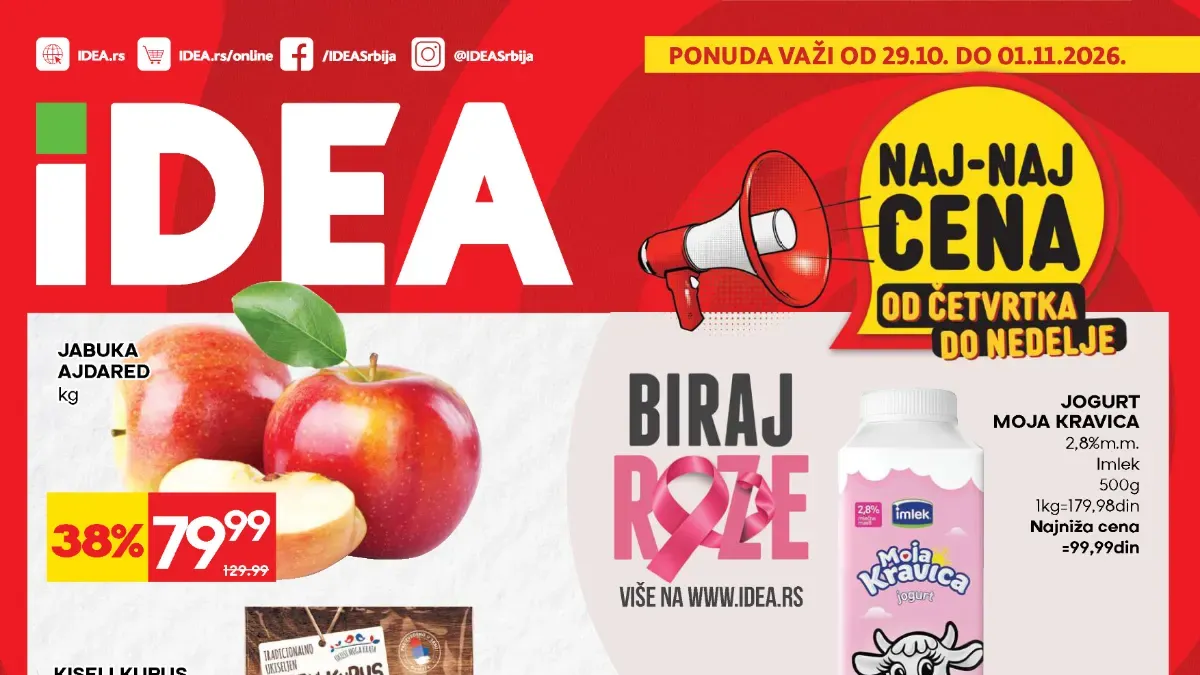 IDEA vikend akcija od 29.10. do 01.11.2026. – jabuke ajdared, jogurt Moja Kravica i pileći batak i karabatak