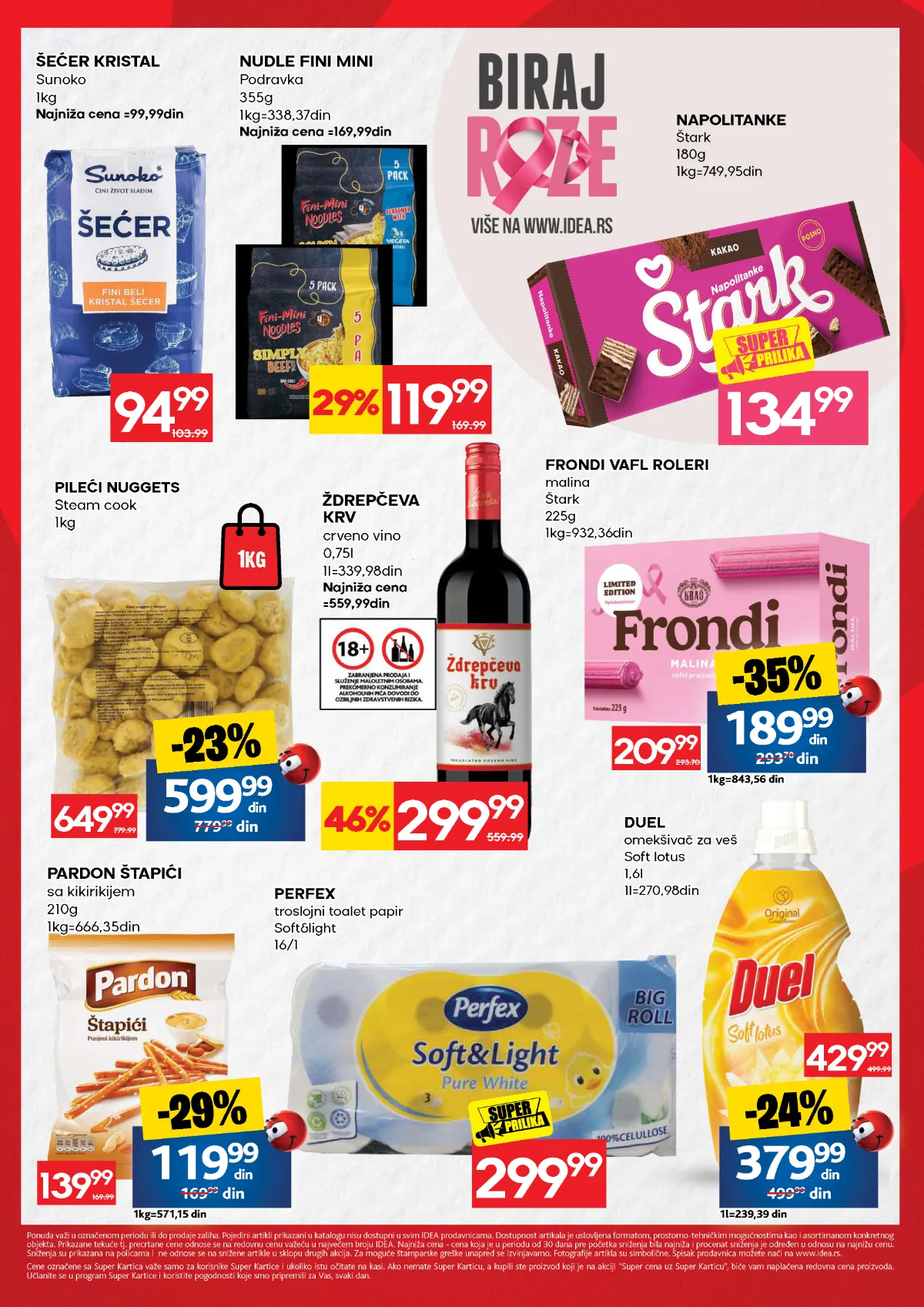 IDEA vikend akcija od 29.10. do 01.11.2026. – šećer Sunoko, nudle Podravka, vino Ždrepčeva krv, slatkiši, Perfex toalet papir i Duel omekšivač