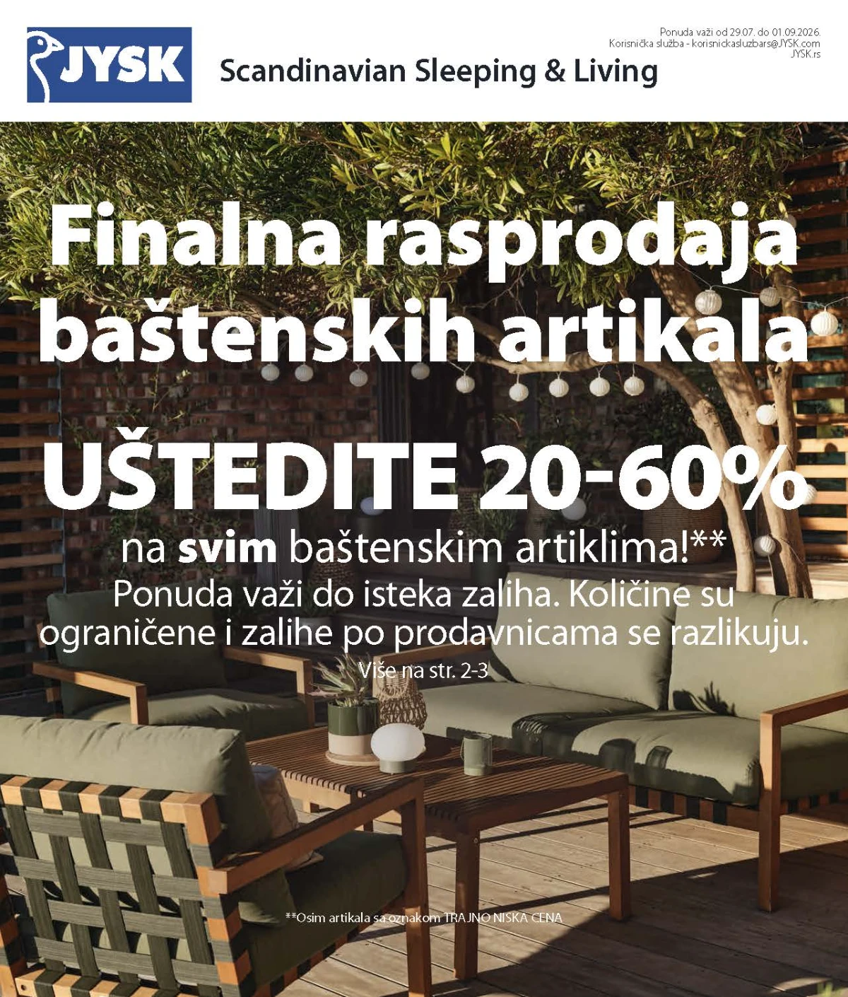 JYSK finalna rasprodaja do 60% na baštenski nameštaj, suncobrane, stolove, stolice i opremu za dom od 29.07. do 01.09.2026.