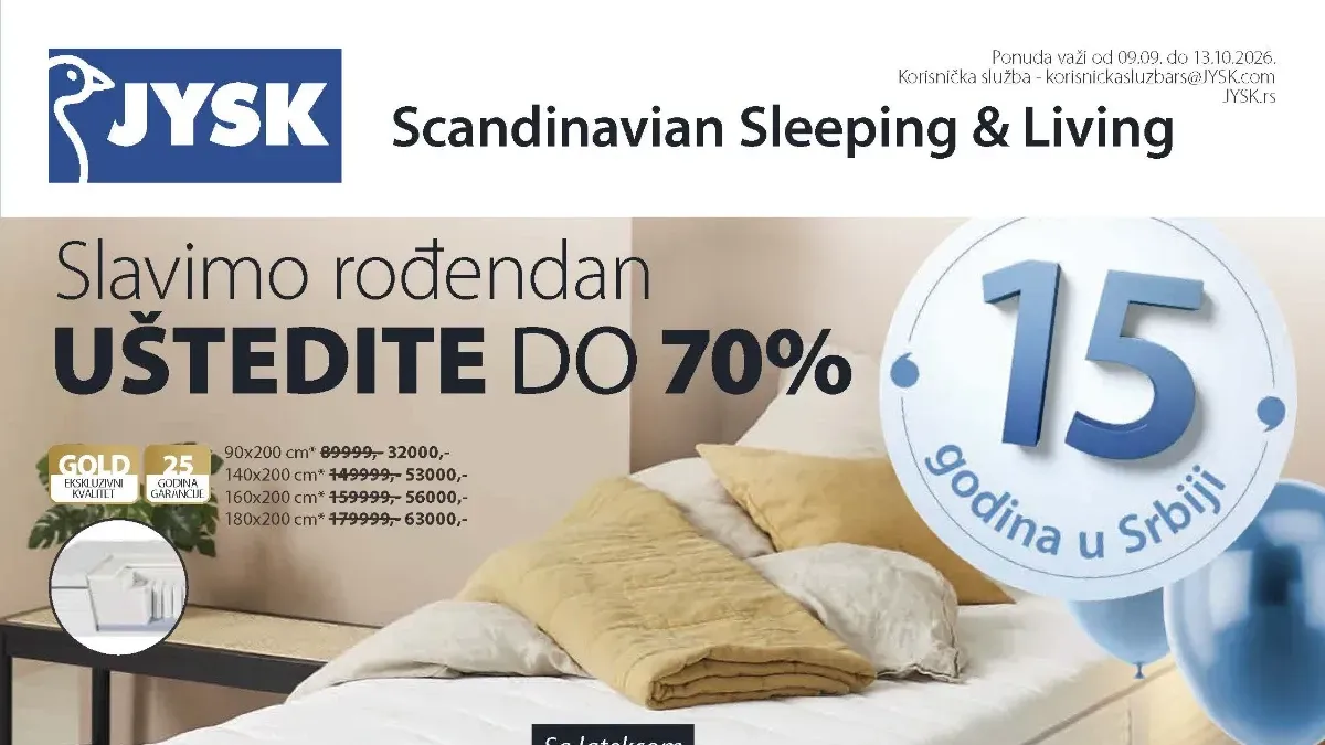 JYSK rođendanska akcija od 09.09. do 13.10.2026. – nameštaj, dušeci, posteljina i proizvodi za dom sniženi do 70%